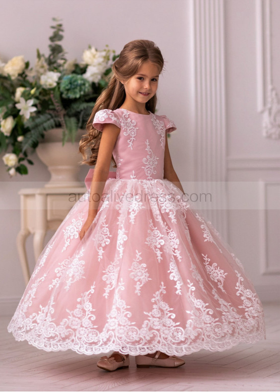 Ivory Lace Blush Pink Tulle V Back Flower Girl Dress